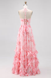 Blush Perlenbesetztes Neckholder Bedrucktes Kleid für Hochzeitsgäste mit Schlitz